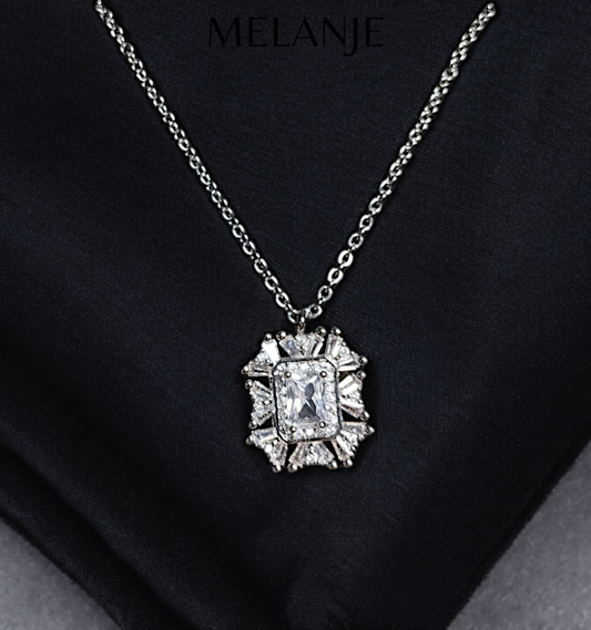 Clear Rectangular Crystal Baguette & Round Cut Cubic Zirconia Sterling Silver Pendant Necklace