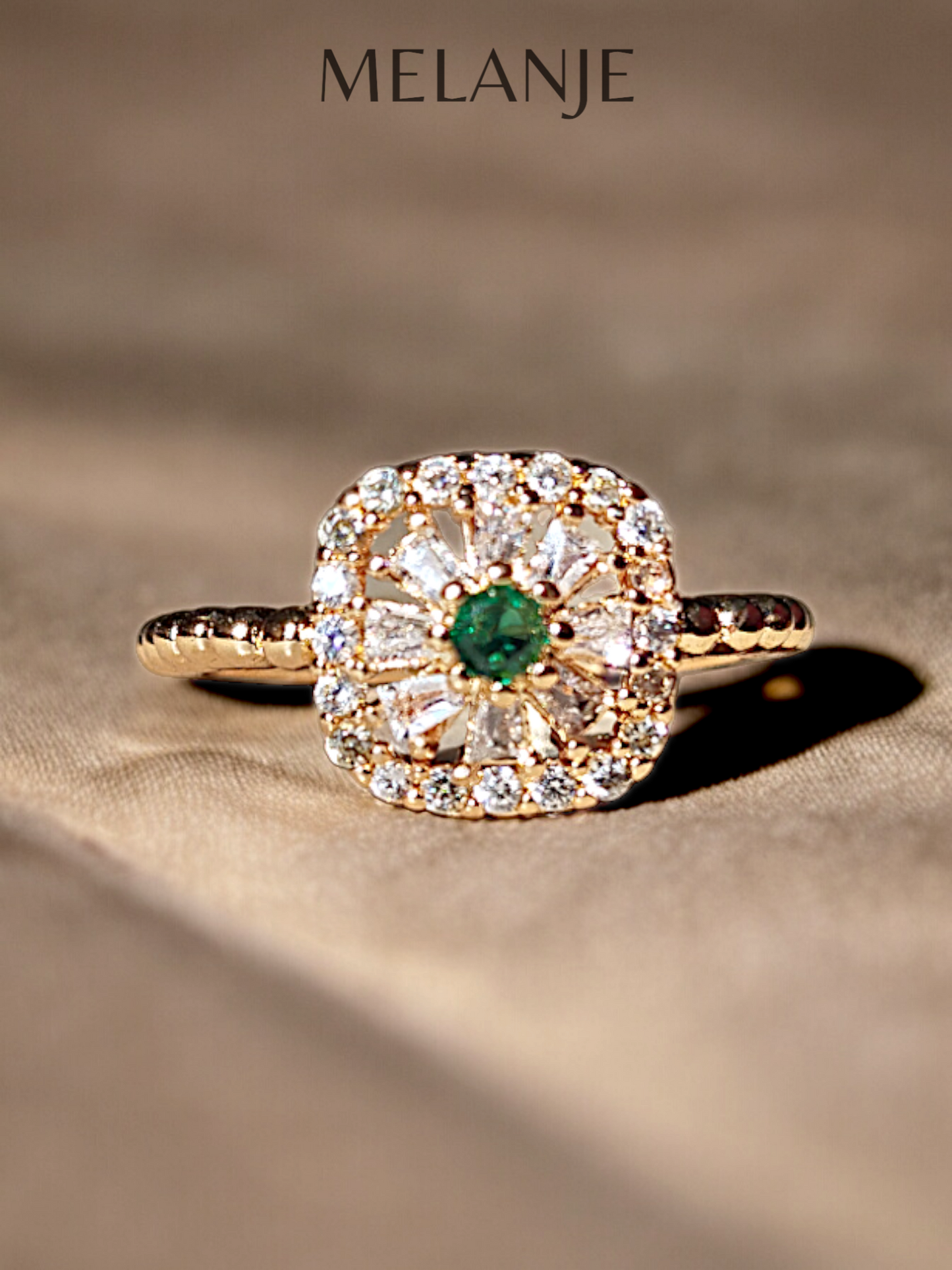 Square Cut Emerald Stone Cubic Zirconia Adjustable Flower Ring