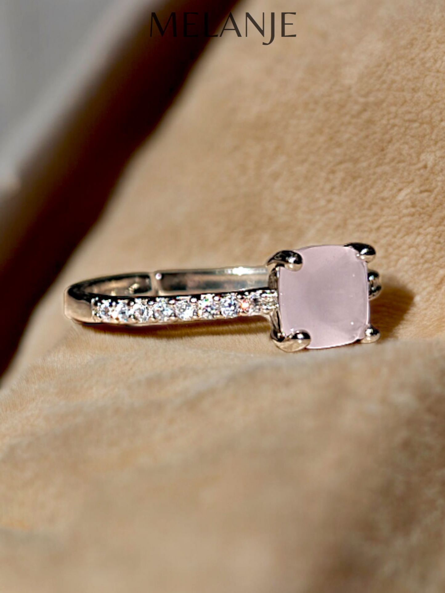 Baby Pink Square Solitaire Crystal White Cubic Zirconia Sterling Silver Adjustable Ring