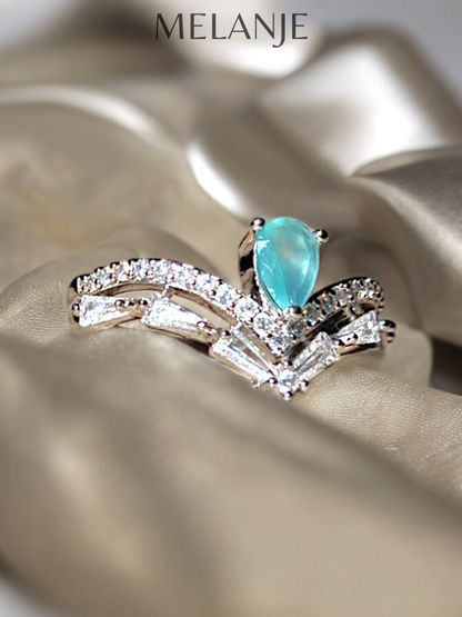 Pear Shaped Powder Blue Crystal Sterling Silver Negative V Design Adjustable Crown Ring