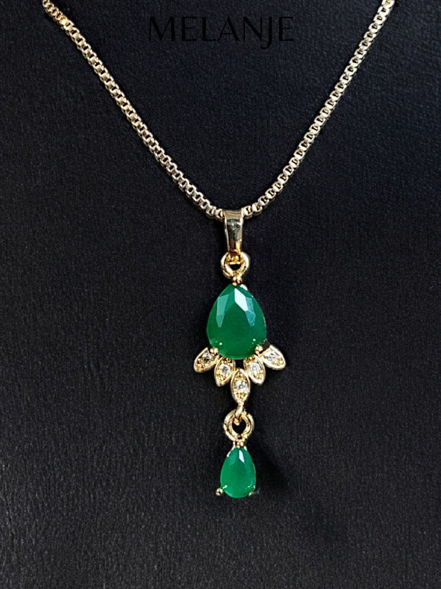 1K Gold Plated Pear Shaped Emerald Drop Stone Cubic Zirconia Pendant Necklace