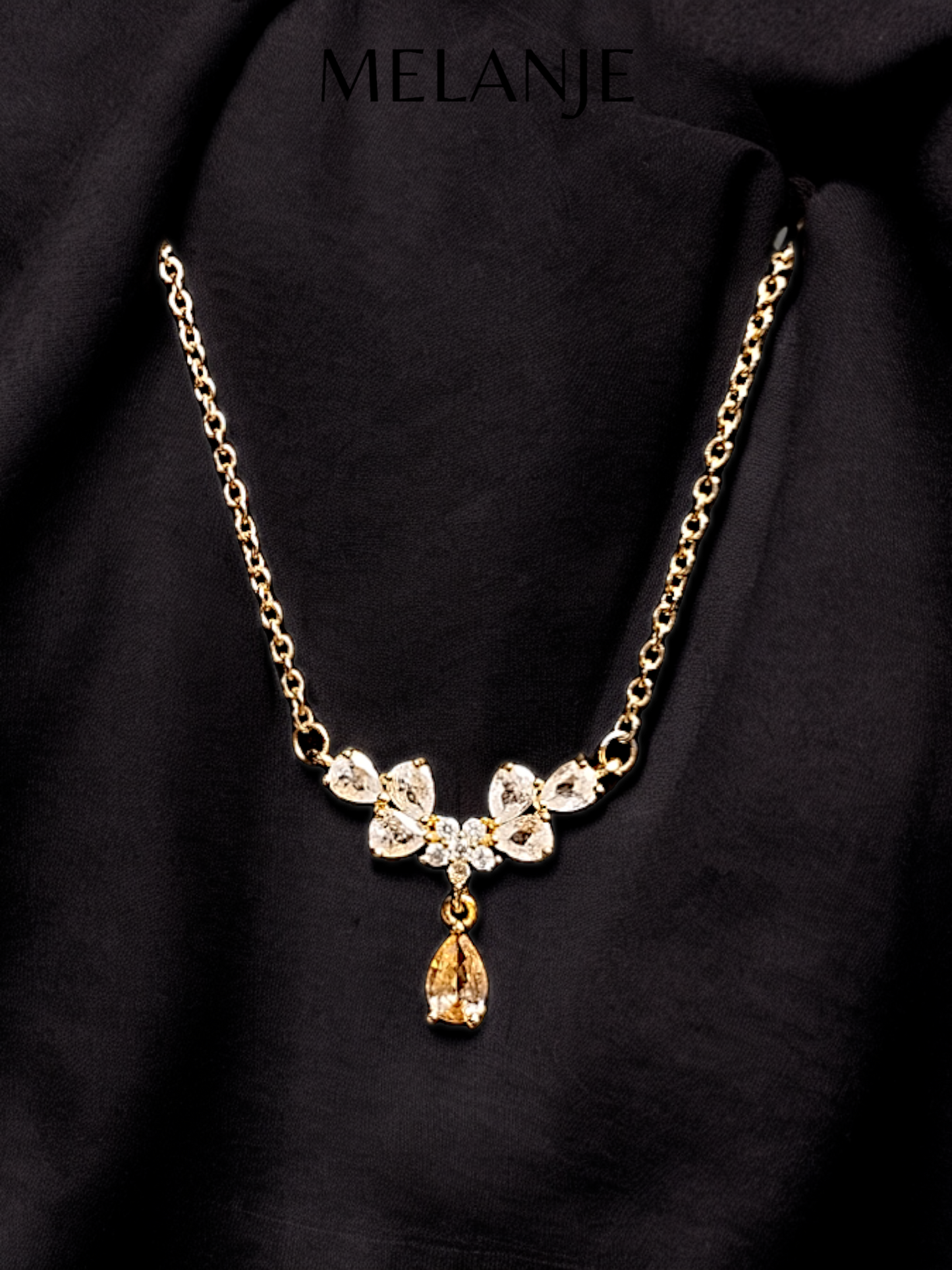 Gold Plated Stainless Steel Champagne & White Crystal Cubic Zirconia Flower Cut Pendant Necklace