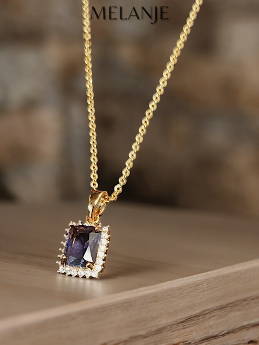 Amethyst Rectangular Zircon Sterling Silver Dainty Gold Pendant Necklace