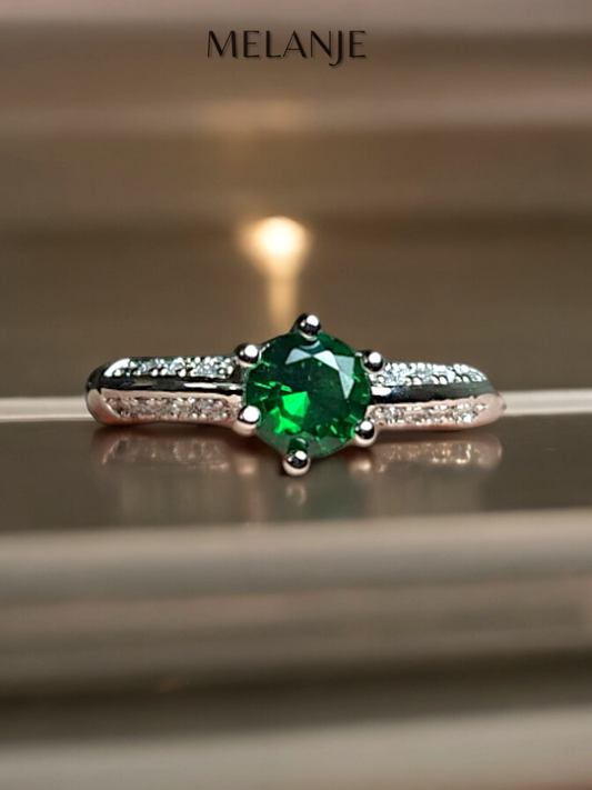 Emerald Round Solitaire Crystal Double Row Cubic Zirconia Design Sterling Silver Adjustable Promise Ring