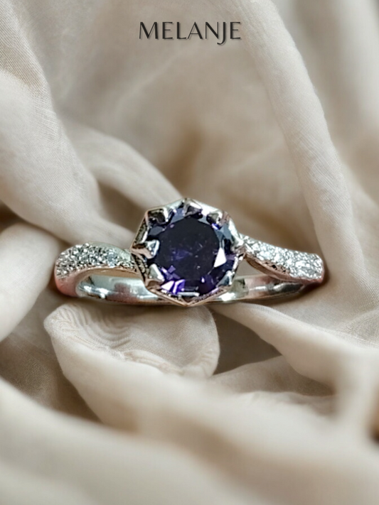 Amethyst Round Solitaire Crystal Minimal Design Cubic Zirconia Sterling Silver Ring