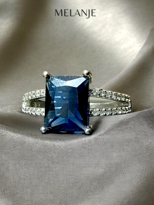 Sapphire Blue Rectangular Crystal Cubic Zirconia Sterling Silver Split Shank Luxury Ring