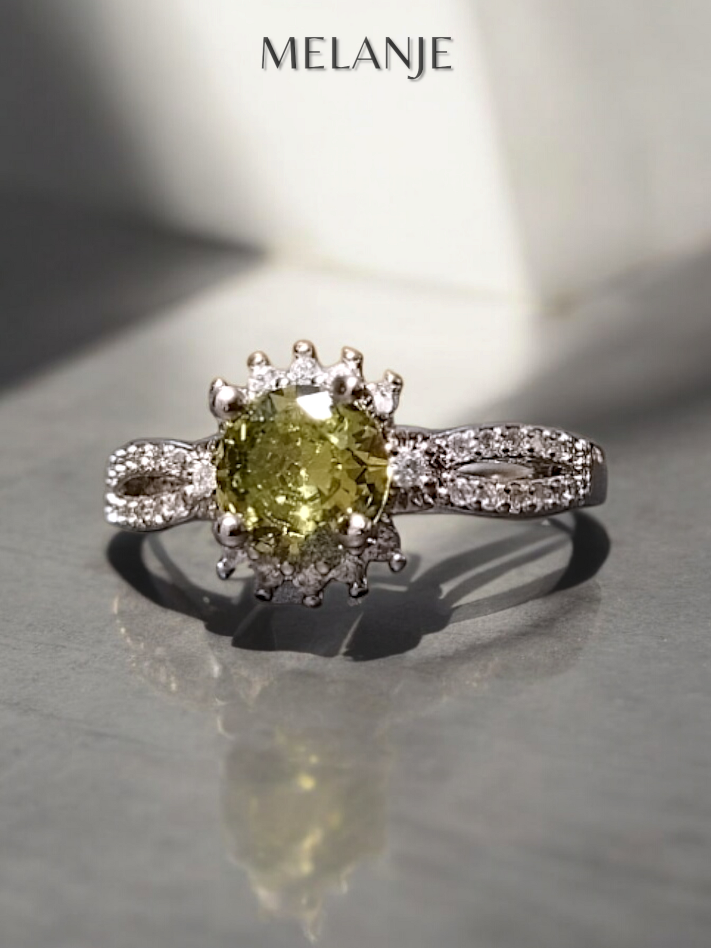 Lime Green Round Solitaire Crystal Clear Cubic Zirconia Sterling Silver Split Shank Crown Ring