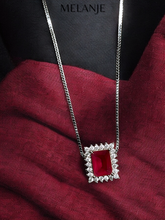 Ruby Rectangular Crystal Cubic Zirconia Stainless Steel Halo Pendant Necklace