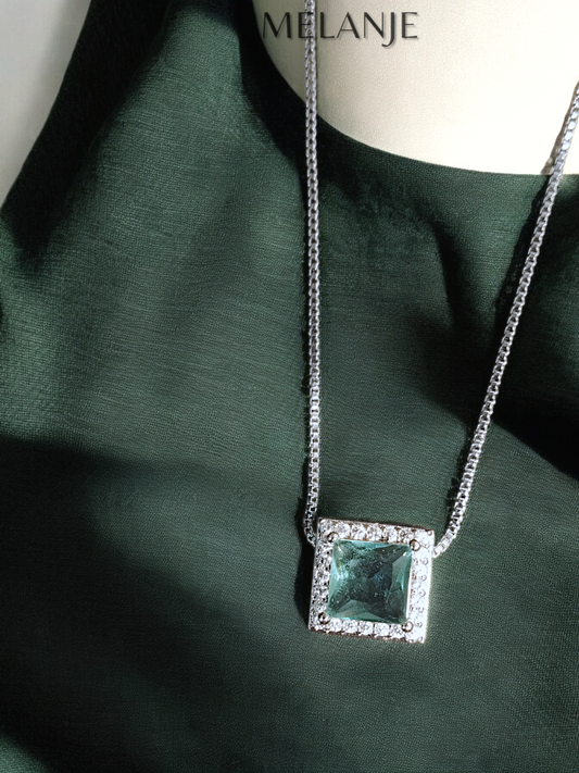 Aquamarine Square Crystal White Cubic Zirconia Sterling Silver Pendant Necklace