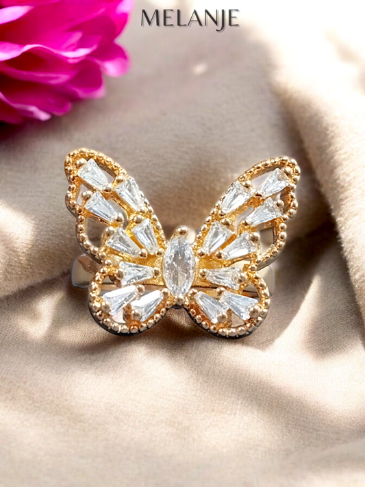 1K Gold Plated Marquise Cut Clear Crystal Baguette Cubic Zirconia Adjustable Butterfly Ring