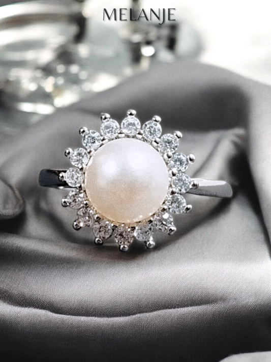 Sterling Silver & Cubic Zirconia Adjustable Flower Pearl Ring