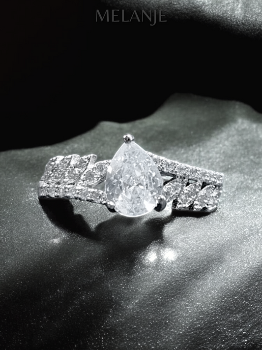 Pear Shaped Solitaire Crystal Delicate Leaf Design Luxury Ring