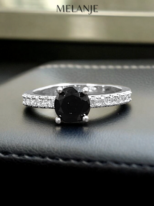 Black Round Solitaire Crystal White Cubic Zirconia Sterling Silver Adjustable Ring