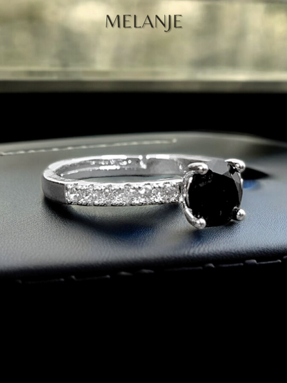 Black Round Solitaire Crystal White Cubic Zirconia Sterling Silver Adjustable Ring