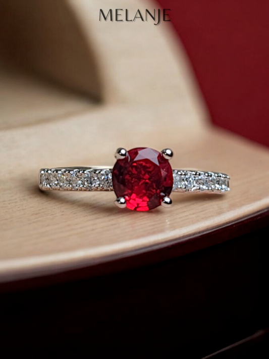 Deep Ruby Round Solitaire Crystal White Cubic Zirconia Sterling Silver Adjustable Ring