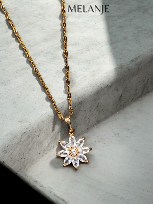 Clear Cubic Zirconia Stainless Steel Minimal Daisy Gold Pendant Necklace